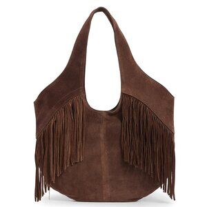 NWT $228 LUCKY BRAND Nyra Fringe Suede Tote Bag in Cappuccino Brown Western Boho